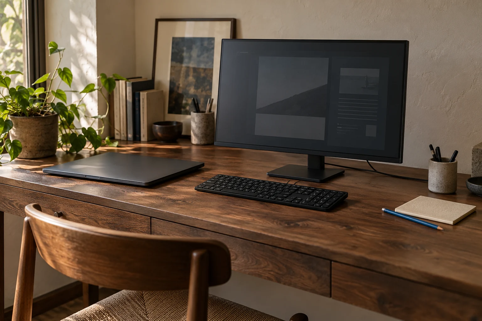Illustrative Arbeitsplatzszene mit Bildschirm, Notebook, Tastatur und Notizbuch