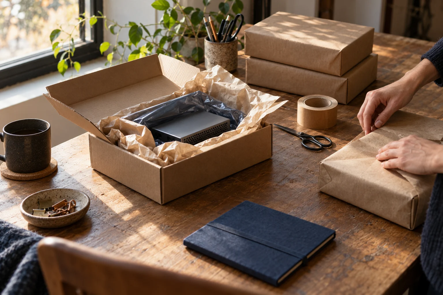 Illustrative Szene eines kleinen Onlinehandels: sorgfältig verpackte Ware und Versandvorbereitung