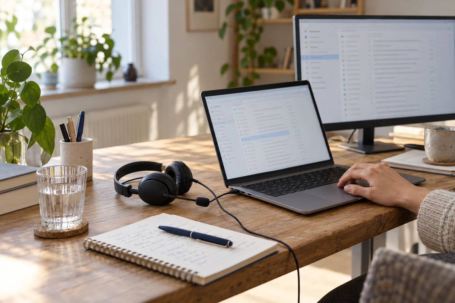 Illustrative Support-Szene mit Laptop, Headset und Notizbuch im Tageslicht